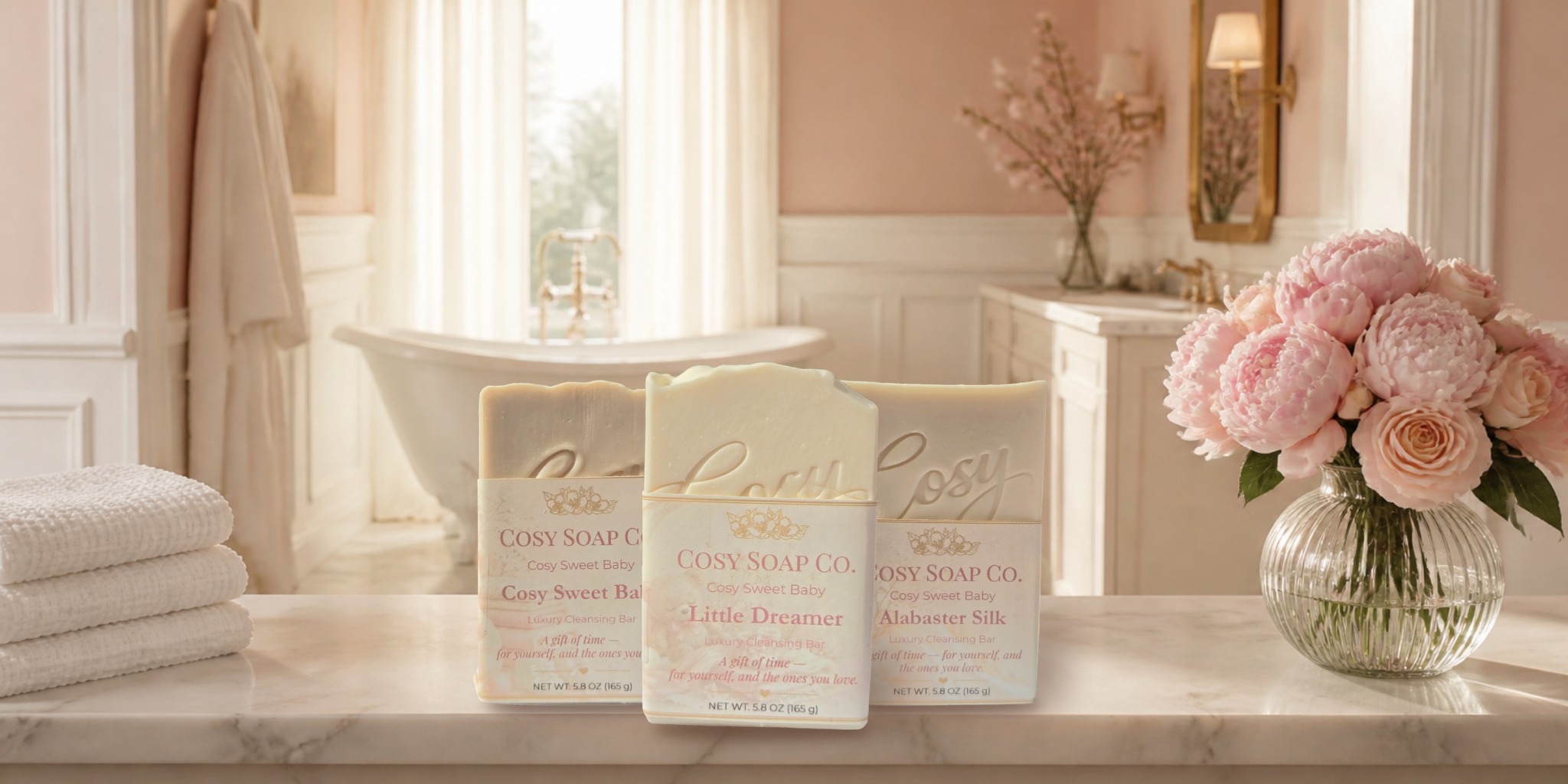 Three Cosy Soap Co. bars on a marble ledge in a blush bathroom with a tub and peonies